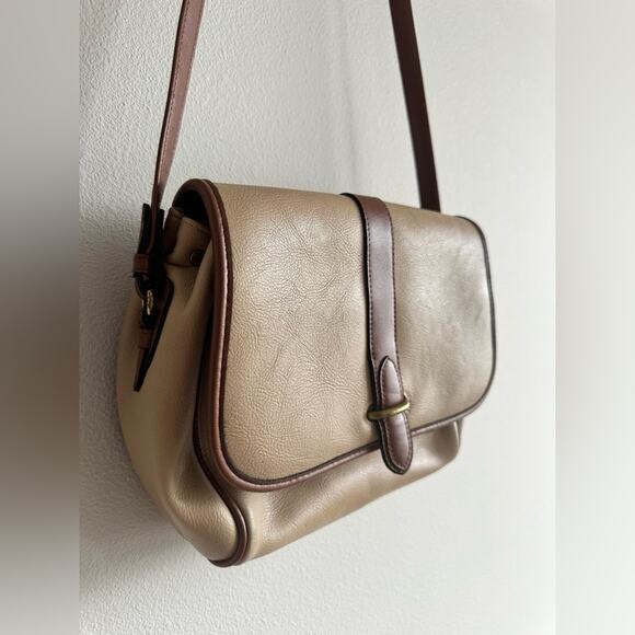 Vintage 90s Liz Claiborne Saddle Bag Crossbody Beige & Brown Equestrian - Picture 2 of 8